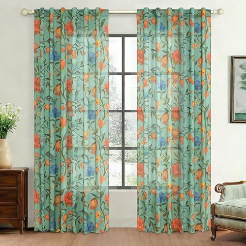 Image of JOOJA Green Floral Linen Curtains, Boho Whimsical Bird Print Curtains for Bedroom Window Colorful Patterned Sheer Curtains for Living Room Kitchen 2 Panels 96 Inches Long