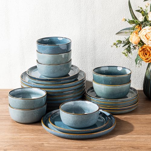 Image of GBHOME Ceramic Dinnerware Sets for 8, 24 Pieces Stoneware Plates and Bowls Sets, Scratch Resistant Dishes, Dishwasher & Microwave Safe, Reactive Glaze-Space Blue