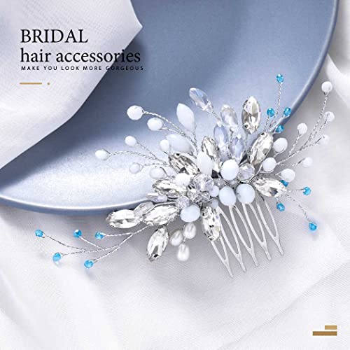 Catery Crystal Bridal Hair Comb Silver Hair Piece Bride Wedding Side Combs Blue Rhinestones Headpiece Hair Clips Hair Accessories For Women And Girls #TOP1