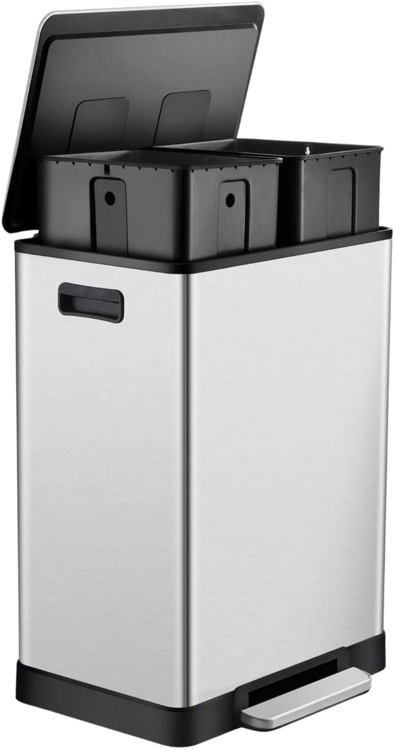 ToiletTree Products Stainless Steel 16 Gallon Trash Can - Durable Dual Trash Can for Garbage and Recycling - Stainless Steel Trash Bin for Household Cleaning - Stainless Steel