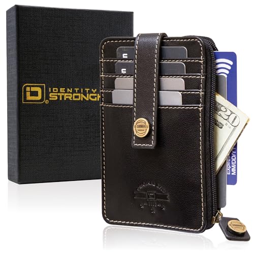 Image of ID Stronghold RFID Blocking Front Pocket Wallet - Slim Minimalist Genuine Leather Wallet with Zipper Coin Pocket (Mega Black)