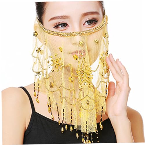 Velo facial translúcido amarillo con cuentas artesanales para danza