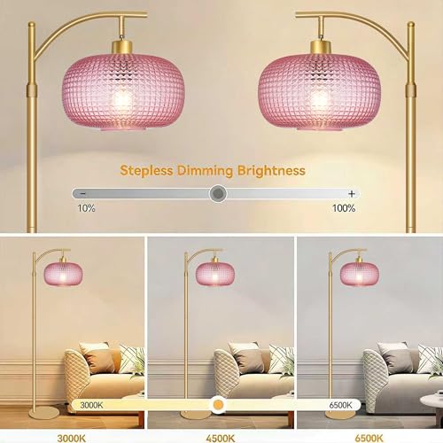 Image of Glass Floor Lamp for Living Room,Modern Standing Lamp with Pink Lamp Shade | Dimmable Gold Tall Floor Lamp for Bedroom Office with Remote Control , 1 x 12W LED Bulbs Included