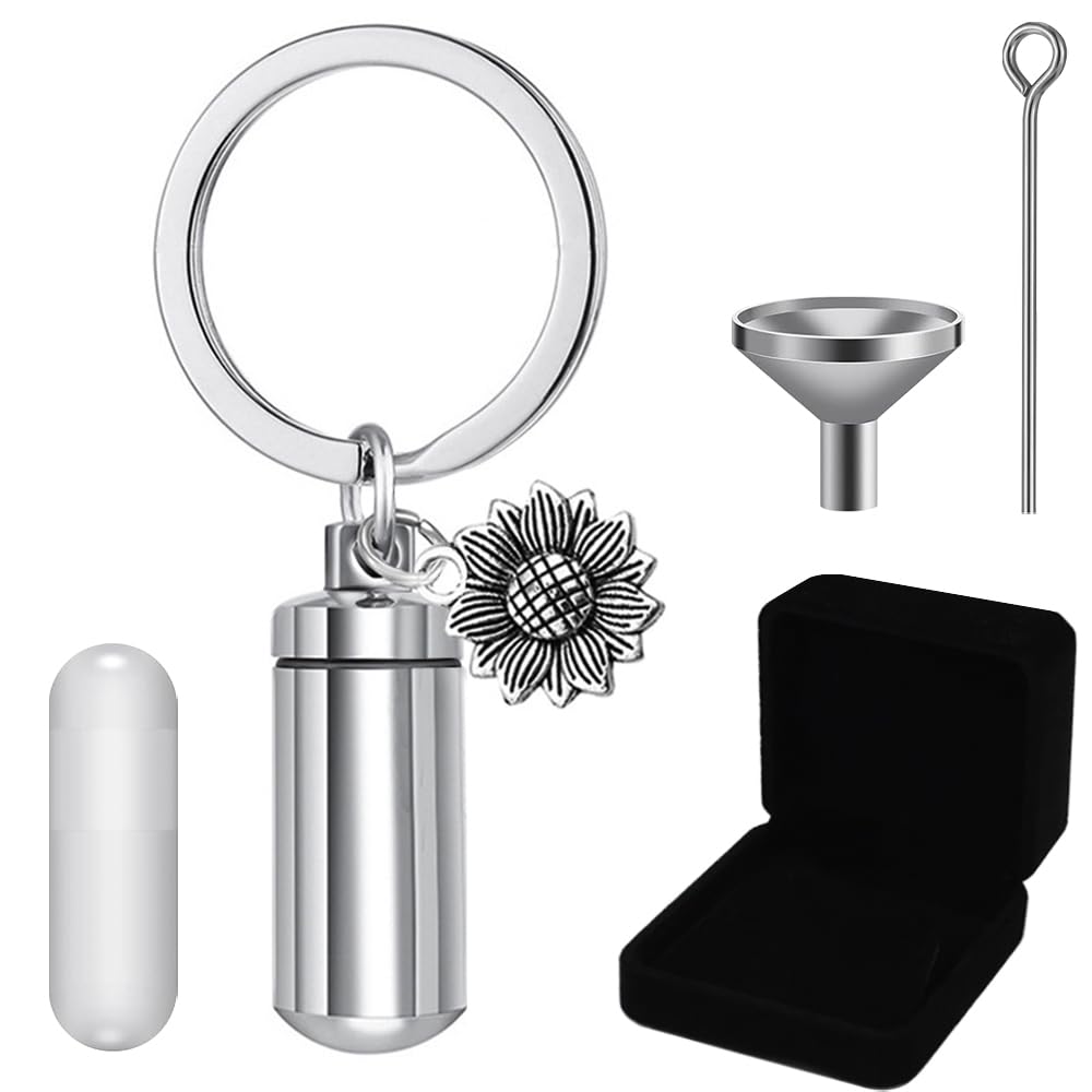 Mini Urn Keychain Cylinder Memorial Ashes Holder Stainless Steel Sunflower Keepsake Urn Key Chain Memorial Cremation Keyring Cremation Jewelry for Human Pet Ashes