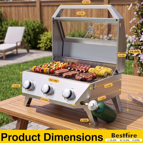 Image of BESTFIRE 3 Burner Propane Grill, 30000 BTU Stainless Steel Tabletop BBQ, Portable Gas BBQ with Glass Lid, Thermometer & Dual Tank Adapter for 1lb /20lb, Outdoor Camping Tailgating 29.72 inch Wide