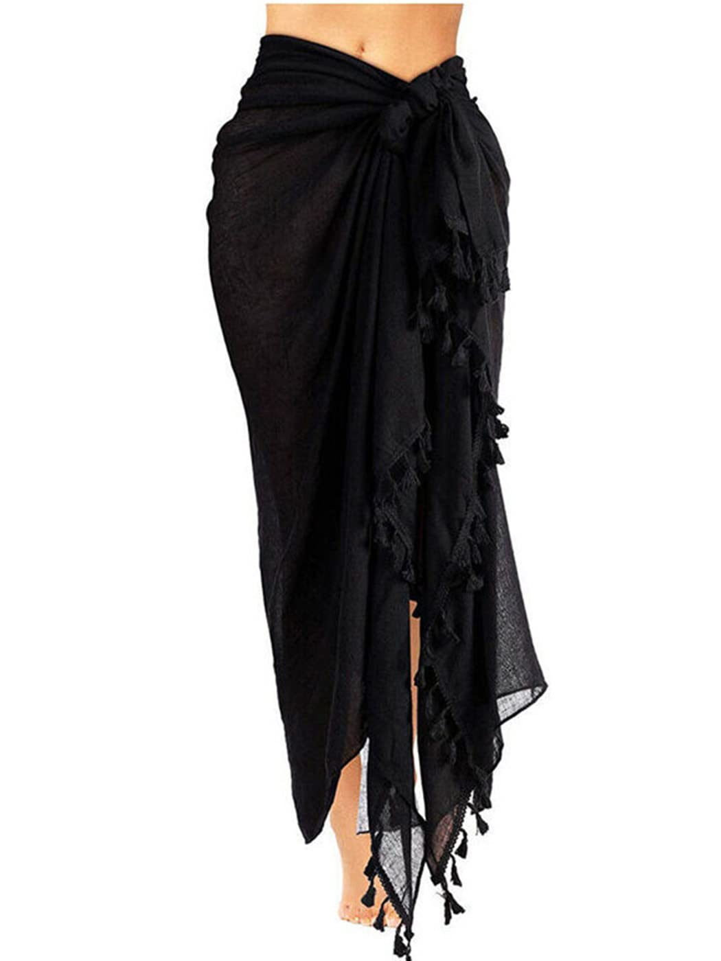 Handcess Pareo de Playa para Mujer Pareo Largo de Gasa Negra Ropa de Playa Cubrir Bufanda Traje de baño de Vacaciones de Verano Pareo Cubrir Faldas con borlas para Mujeres y niñas