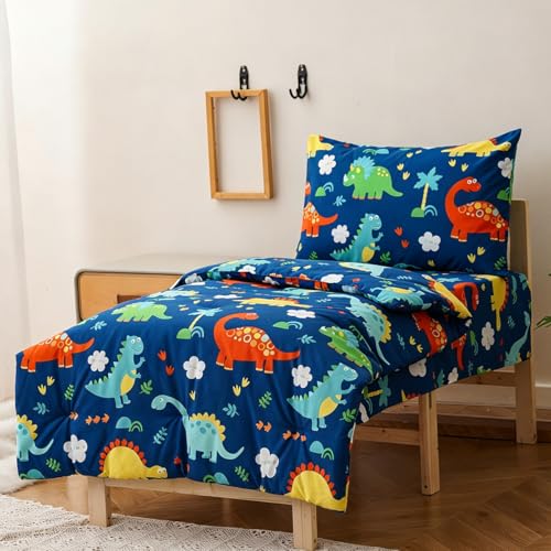 Image of CLOTHKNOW Dinosaur Toddler Bedding Sets for Boys Girls 4Pieces Blue Bedding Sets Cartoon Cute Animal Pattern Comforter Sets Soft Crib Bed Sets