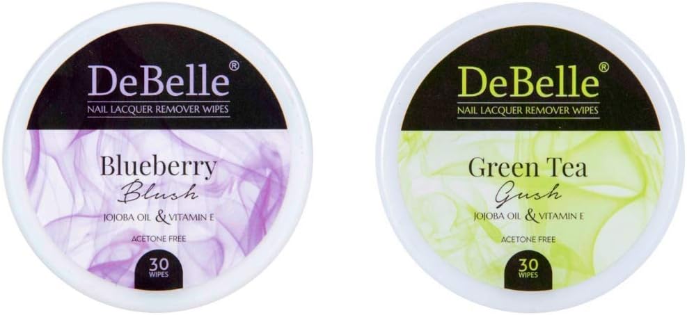 DeBelle Nail Polish Remover Wipes Combo of 2 - Blueberry Blush & Green Tea Gush |Acetone free| Enriched with jojoba Oil, Olive Oil &Vitamin E|(30 pads)