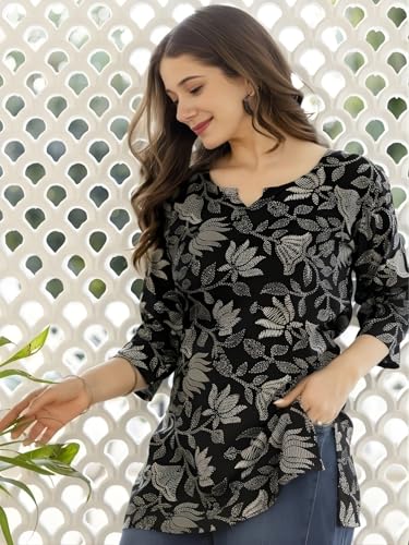 Image of Women's Cotton Printed Short Kurti, Round Neck, Three Quarter Sleeve, Straight Fit, Pack of 2