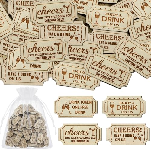 Motionchic 120 Pcs Drink Tickets for Events Wooden Tokens Bulk with Organza Bag Wedding Drink Tokens Rustic Vintage Raffle Cheers Tickets for Bar Wedding Party Events Entry Vouchers