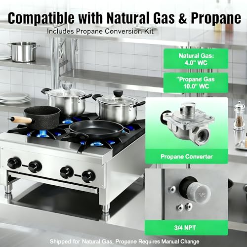 Image of Commercial Gas Stove with 4 Burners, Freestanding Propane and Countertop Natural Gas Range Stove, Stainless Steel Hot Plate, Commercial Cooking Equipment for Restaurant Kitchen, 112,000 BTU