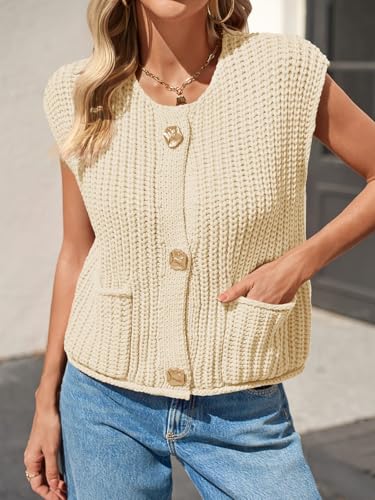 Saodimallsu Womens Sleeveless Cropped Sweater Vest Crochet Chunky Knit Button Down Cardigan Vests Tops with Pockets3