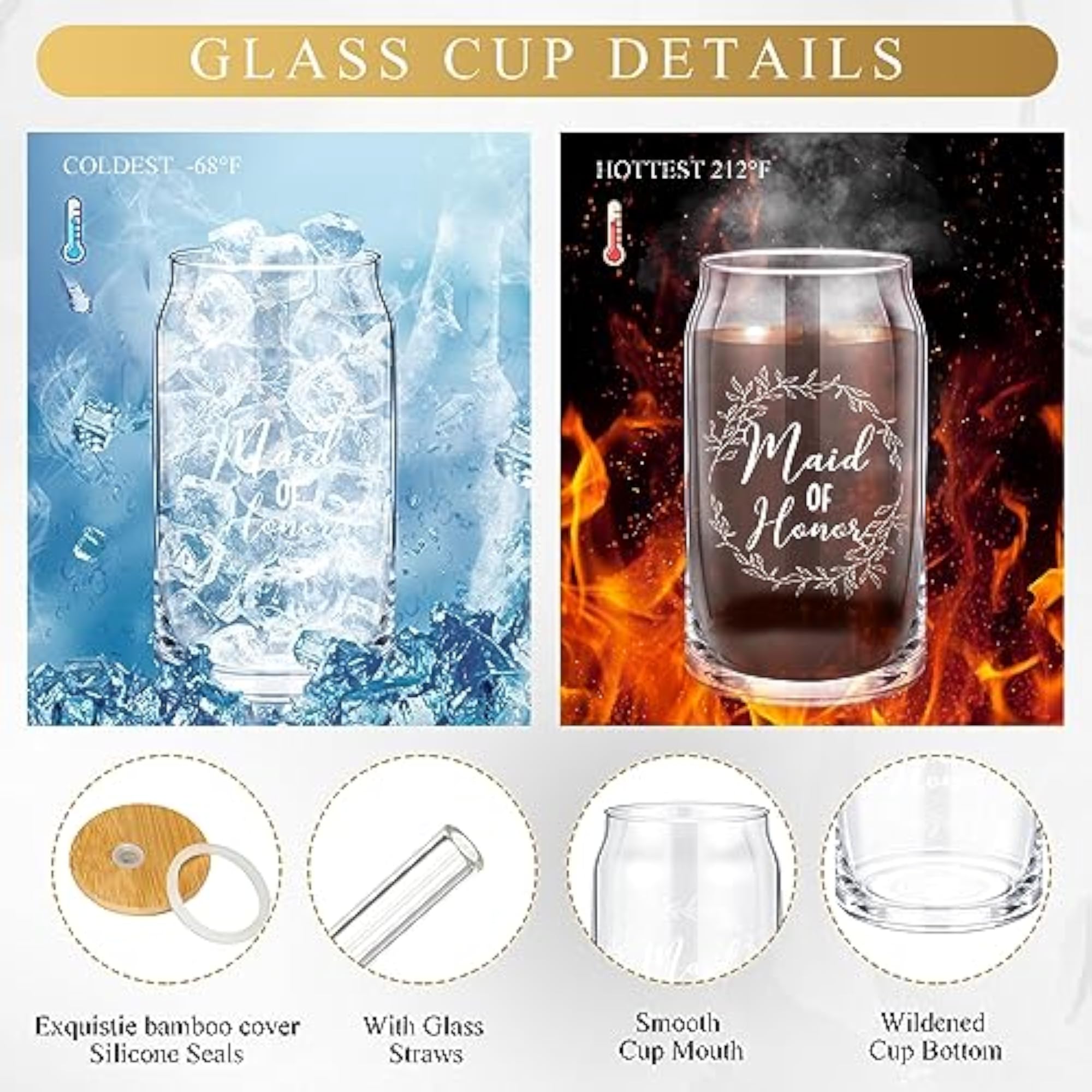 Bridesmaid Gift Box Set of 5 with Glass Cup, Candle & Makeup Bag