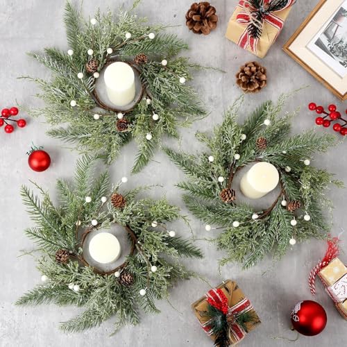 Image of 18 PCS Christmas Wreath Candle Rings Mini Wreath Pine Garland Artificial Frosted Cedar and Pine Cone Candle Rings Holder for Christmas Wedding Home Table Centerpiece Door Window Chair Wall