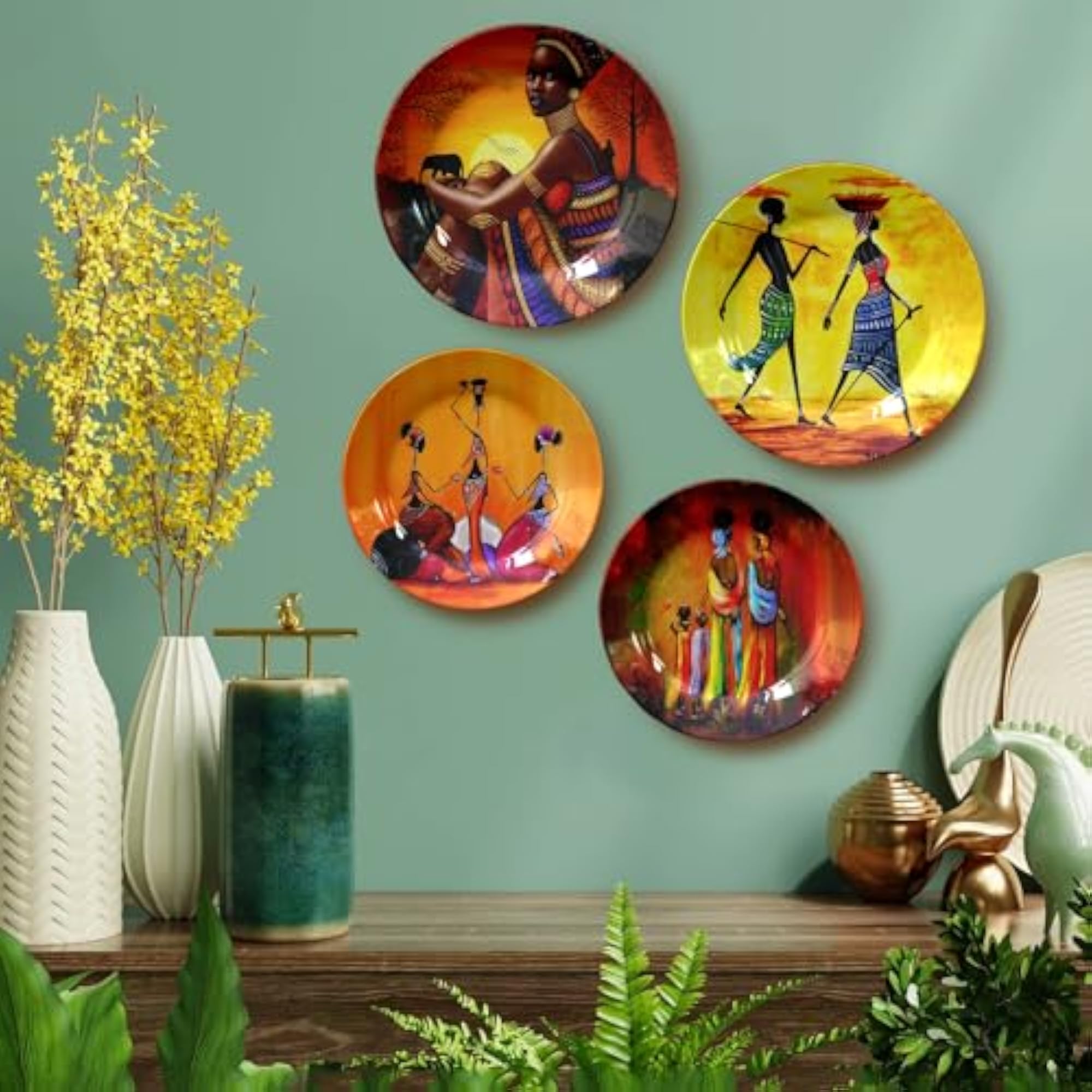 Tribal Art Ceramic Decorative Plate Set with Stand and Hook