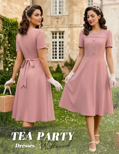 Image of Wedtrend 1950's Vintage Dresses for Women Modest Church Dress with Pockets Short Sleeve Tea Party A-Line Cocktail Dresses