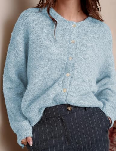 Image of Ynhonra Womens Cardigan Sweater Front Button Loose Y2k Long Sleeve Crewneck | Lightweight Knit Ribbed Hem