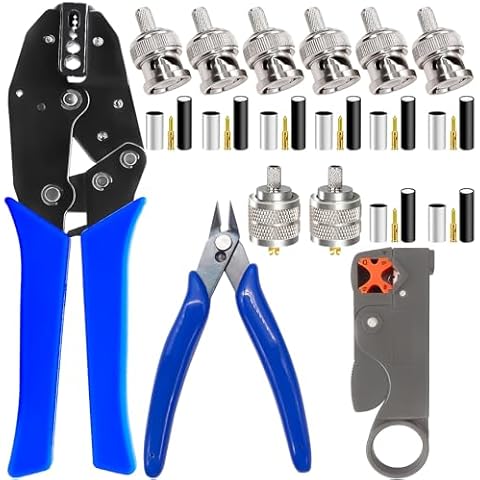 mxuteuk Coaxial Cable Tool Kit,BNC Crimp Tool with 8PCS BNC/UHF Crimp Male Connectors 1PCS Coaxial Cable Stripper 1PCS Wire Cutter for RG58, RG59, RG62, RG174 Cover