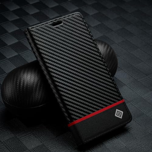 Coque iPhone 16 Pro rabat aimanté protège écran cuir carbone noir rouge