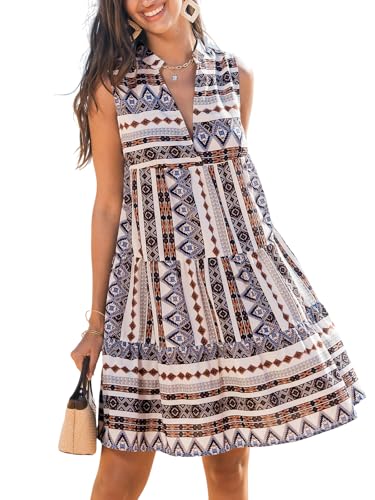 Image of CUPSHE Women's Ruffle Beach Mini Dress Split V Neck A Line Sleeveless Geometric Stripe Tropical Leaf Pattern Summer Dresses