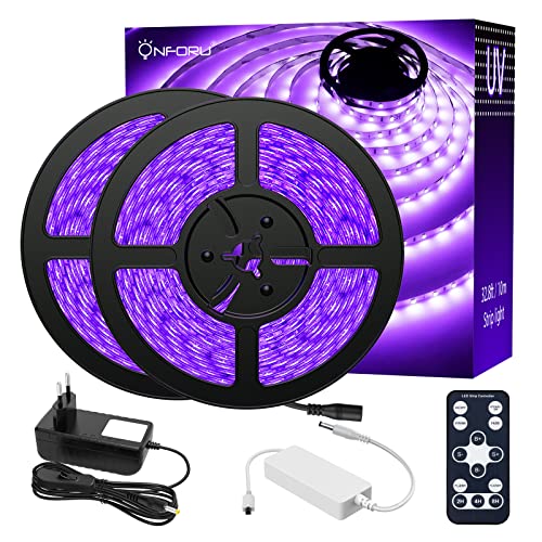 Onforu 10M UV Ruban LED avec télécommande, Bande LED Lumière Noire, 12V 2835 Bandeau LED Lumière Violette, 600 LEDs Ultraviolet Eclairage Ambiance pour Halloween, Noël, Body Painting, Peinture Fluo Cover