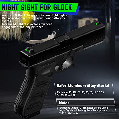 Glow Night Sights in The Dark Aluminum Alloy Sights 3-Dot Front and Rear Handgun Sights Glock Sights for Glock 17, 17L, 19, 22, 23, 24, 26, 27, 33, 34, 35, 38 and 39, NO TRITIUM - with Assembly Tool