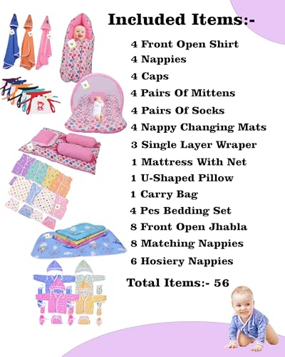 Image of Toddylon 56 in 1 New Born Baby Products All | Gift Packs | Maternity Kit | Baby Clothes | Baby Bedding | Essentials Items | Baby Shower | Infants Combo (Multicolor, 0-6 Months)