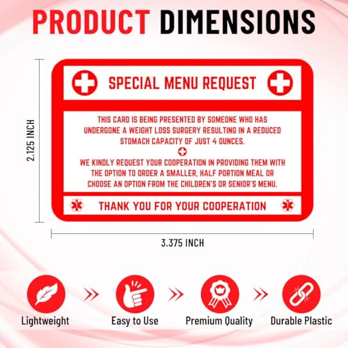 bariatric card for restaurants special menu request card portion control restaurant request for bariatric or gastric sleeve patients wallet sized set of 2 cards 2 red 3375in x 2125in