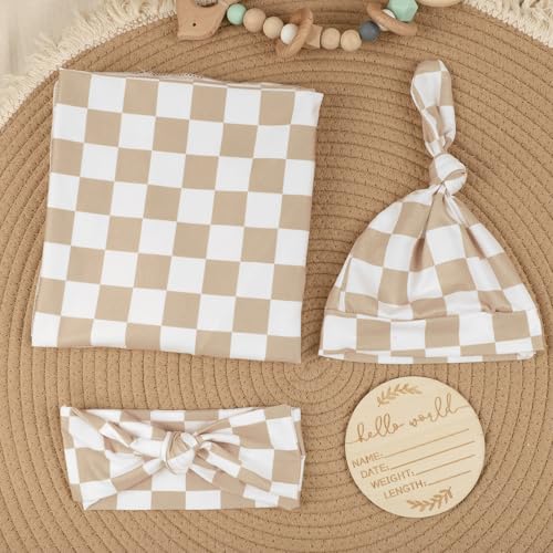 Image of TANOFAR 4-Pack Newborn Swaddle Blanket for Baby Girls & Boys, Ultra Soft Receiving Blankets with Matching Headband and Beanie Set Baby Nursery Swaddle Wrap, Light Brown Checkerboard