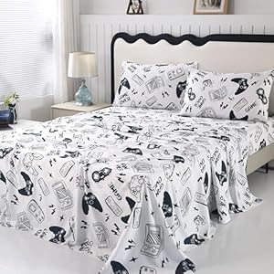 SDIII 4PCS Black and White Gamer Bedding Sheet Sets for Boys Girls Teens and Kids, Bed in a Bag Full Sheet Set, Video Game Bed Sheet Set on Amazon, Full