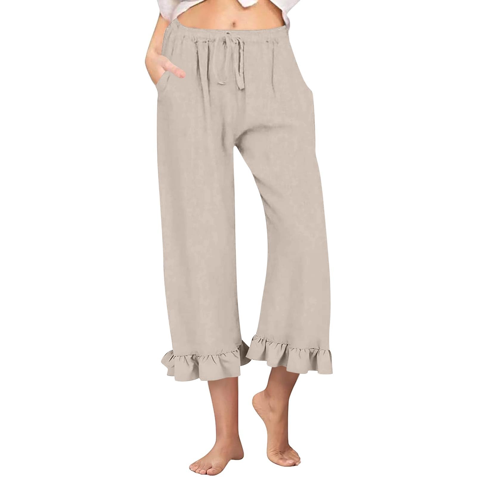 GOFULY Linen Pants Women Wide Leg Casual Summer Ruffle Capri Pants Elastic Waist Drawstring Smocked Solid Trouser with