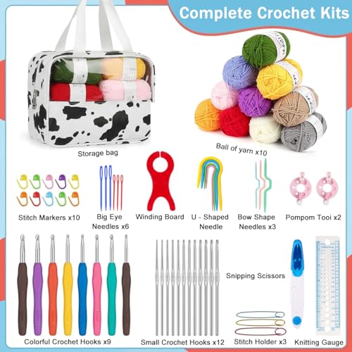 Image of HASTHIP DIY Crochet Kit for Beginners, Complete Crochet Starter Set with Yarn Hooks Needles Stitch Markers & Tools, Portable Storage Bag Craft Kit for Amigurumi Scarf Knitting DIY Projects