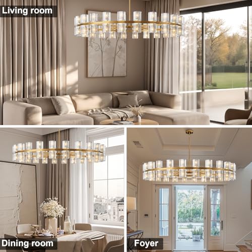 Image of Modern 48 inch Gold Round Chandelier Light Fixture,Crystal Chandeliers for Dining Room,Living Room, Wagon Wheel Chandelier Over Table, Chandeliers for Bedroom,Foyer,G4 Bulbs Included