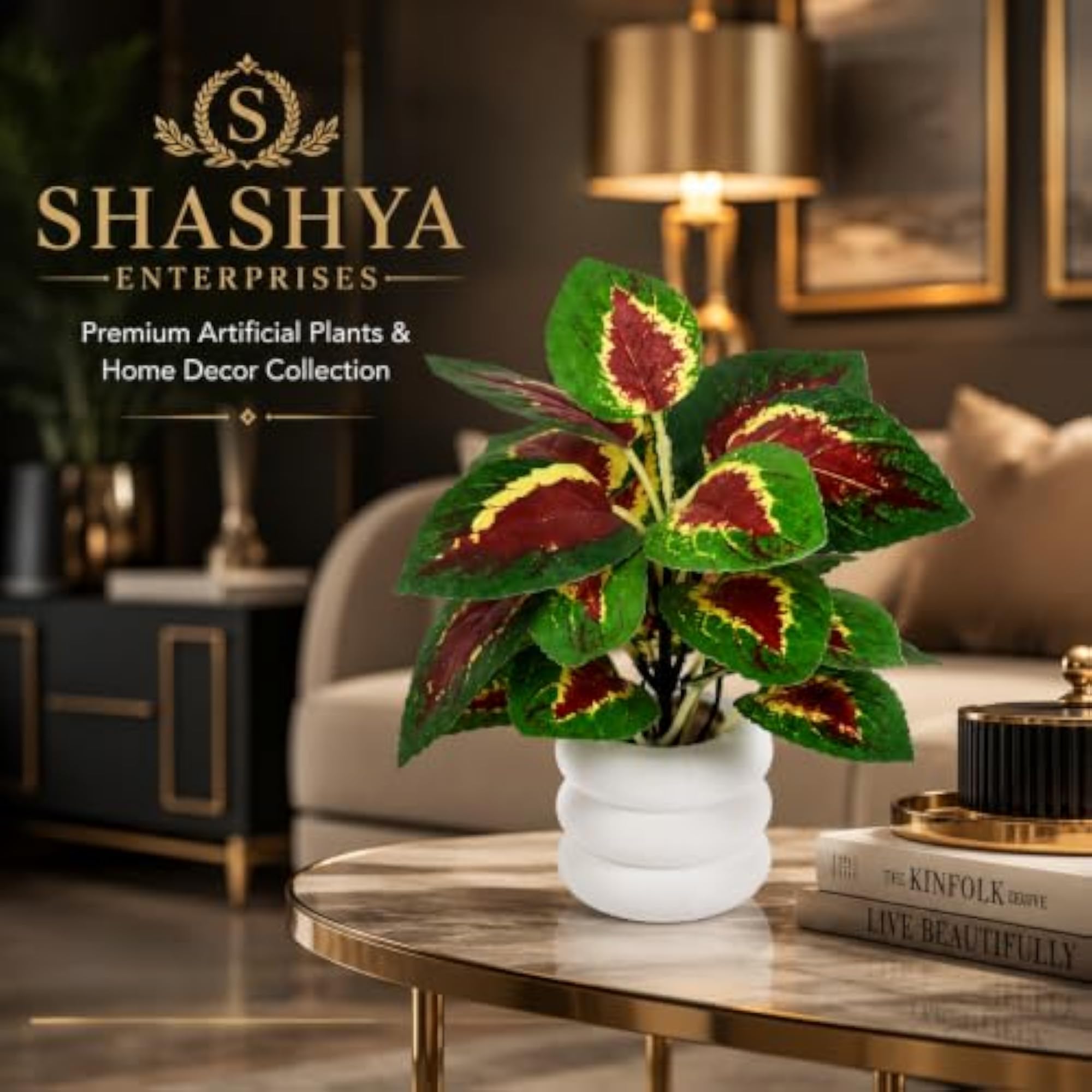 SHASHYA Croton Petra Artificial Fittonia Plant with Pebble Pot