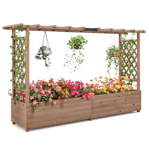 TANGZON Raised Garden Bed with Arch Trellis, Freestanding Ground Garden Planter Box, Outdoor Vertical Trough Planter Container for Vine Climbing Plant Flower Herb (Brown, 200 x 44 x 114 cm)