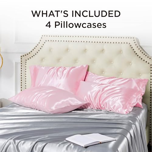 Image of Bedsure King Size Satin Pillowcase Set of 4 - Pink Silky Pillow Cases for Hair and Skin, 20x36 Inches, Pillow Covers with Envelope Closure, Similar to Silk, Gifts for Women & Men