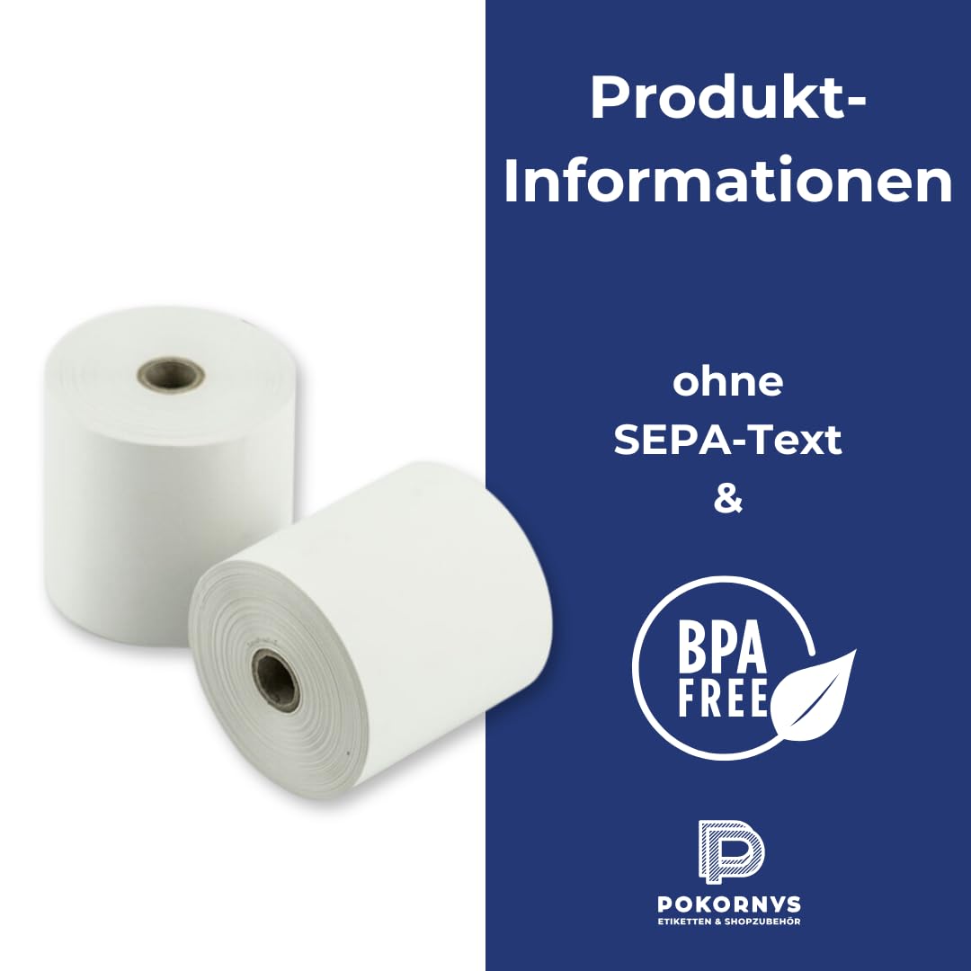 POKORNYS – 50 Thermorollen 57x45x12mm für EC Cash Geräte & Bondrucker I Blanko I BPA-frei I Thermo Papier für Thermodrucker (Breite 57mm x Länge 25m x Innen ⌀ 12mm x Außen ⌀ 45mm)