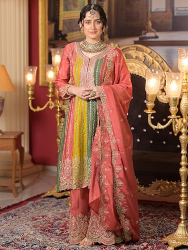 Image of INDA ERA Women's Multi Silk Blend Embroidered A-Line Kurta & Palazzo with Dupatta Set (KH9ML6654)