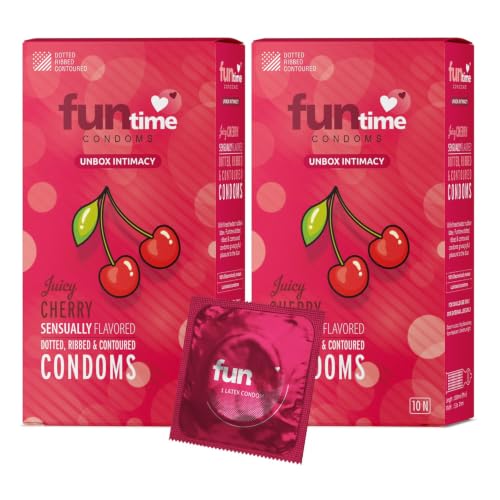 Image of Funtime Juicy Cherry Flavour comdoms Pack of 2 (10pc each) | Dotted, Ribbed & Contoured Lubricated Condoms for Maximum Pleasure Made With Natural Rubber Latex