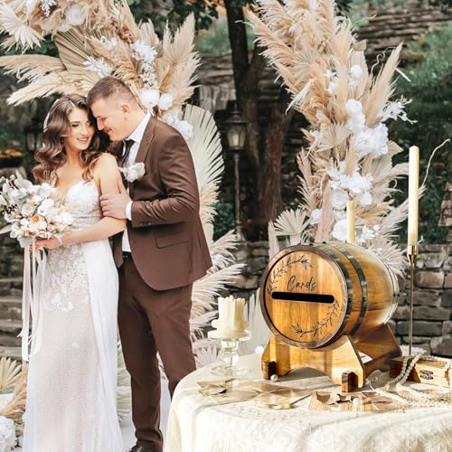 Image of OurWarm Wooden Wedding Card Box for Reception, Whiskey Barrel Gift Card Box for Party, Money Envelope Boxes with Slot & Holder for Graduation Bridal Shower Birthday Wedding Decor