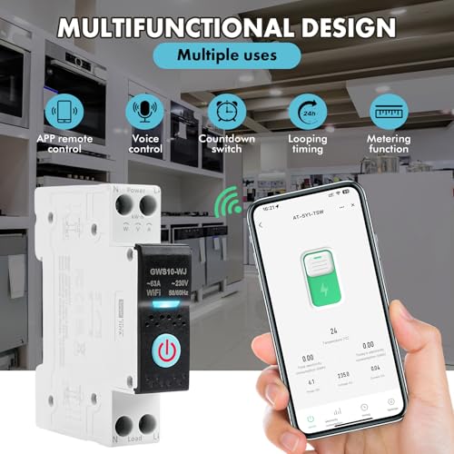 Smarter Leistungsschutzschalter WiFi Wlan Schalter Hutschiene WiFi Smart Schalter Tuya Sprachsteuerung, Zeitschaltuhr und Energiemessung 63A 230V AC (GWS10-WJ Messmodell)
