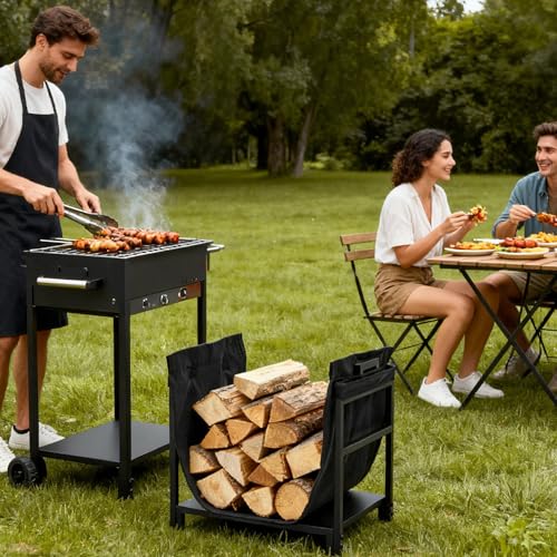 Image of DUMOS 18 Inch Firewood Rack Outdoor, Firewood Storage Rack | Heavy Duty Metal Log Holder, Indoor Fireplace, Patio Stand Tool, Stacker Organizer, Black