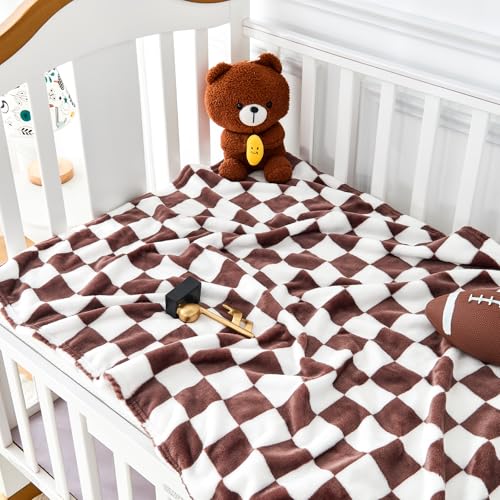 Image of Yurhap Checkered Baby Blanket Fleece Baby Blankets Neutral for Boys Girls, Super Soft Warm Lightweight Infant Toddler Newborn Receiving Gifts for Crib Stroller, 30x40 Inch, Brown