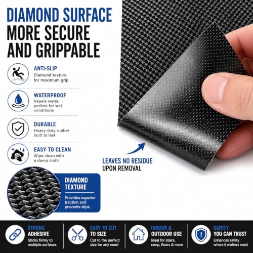 Image of Diamond Texture Rubber Grip Tape for Handles and Surfaces | Anti Skid Adhesive Tape for Heavy Grip on Indoor and Outdoor Stairs, Gadgets, DIY Tools Use-(2In x 16.4Ft), Black