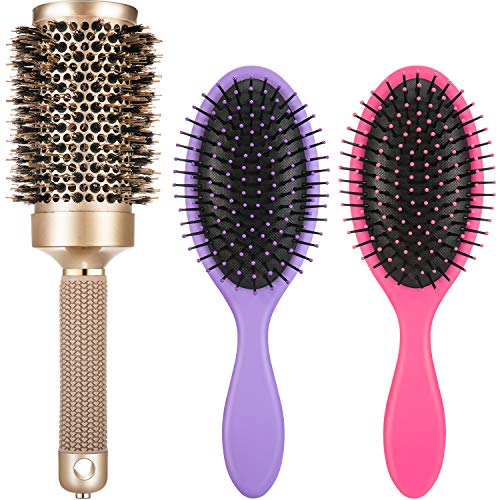 SATINIOR 3 Pieces Wet Hair Brushes Pro Detangler Boar Bristle Ceramic Ion Round Blow Drying for Men Women Girls Curly Thick Paddle