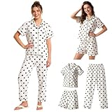 FUWEN Pijamas Mujer, Conjunto de Pijama de 3 Piezas para Mujer, Pijama de Manga Corta con Cuello de Muesca, Ropa de Dormir...