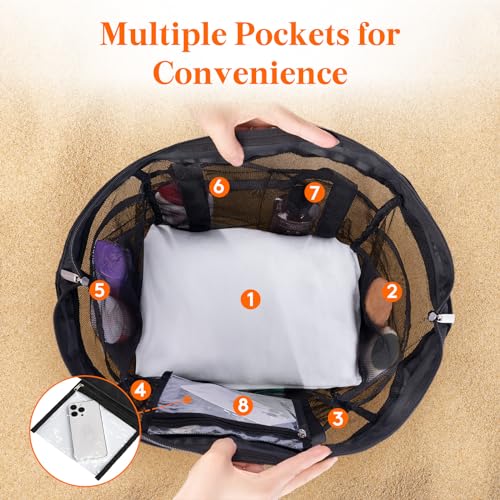 Lifewit Mesh Tote Bags for Women, Extra Large Mesh Tote Bags with Zipper and Pockets, Lightweight Shower Caddy, Beach Essentials for Family, Pool Bag Basket for Women Vacation, Swimmers Black4