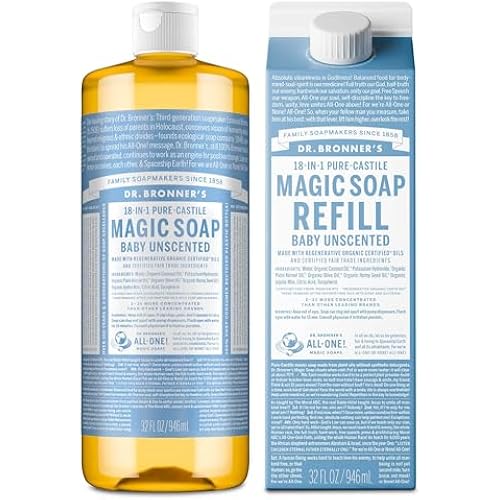 Dr. Bronner's Pure-Castile Liquid Magic Soap Bottle & Refill Carton - Made with Regenerative Organic Certified Oils- 18-in-1 Uses for Face, Body Wash, Hand Soap Refill- Baby Unscented, 32 oz