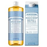 Dr. Bronner's Pure-Castile Liquid Magic Soap Bottle & Refill Carton - Made with Regenerative Organic Certified Oils- 18-in-1 Uses for Face, Body Wash, Hand Soap Refill- Baby Unscented, 32 oz