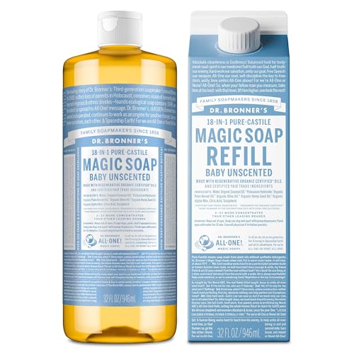 Dr. Bronner's Pure-Castile Liquid Magic Soap Bottle & Refill Carton - Made with Regenerative Organic Certified Oils- 18-in-1 Uses for Face, Body Wash, Hand Soap Refill- Baby Unscented,32 oz